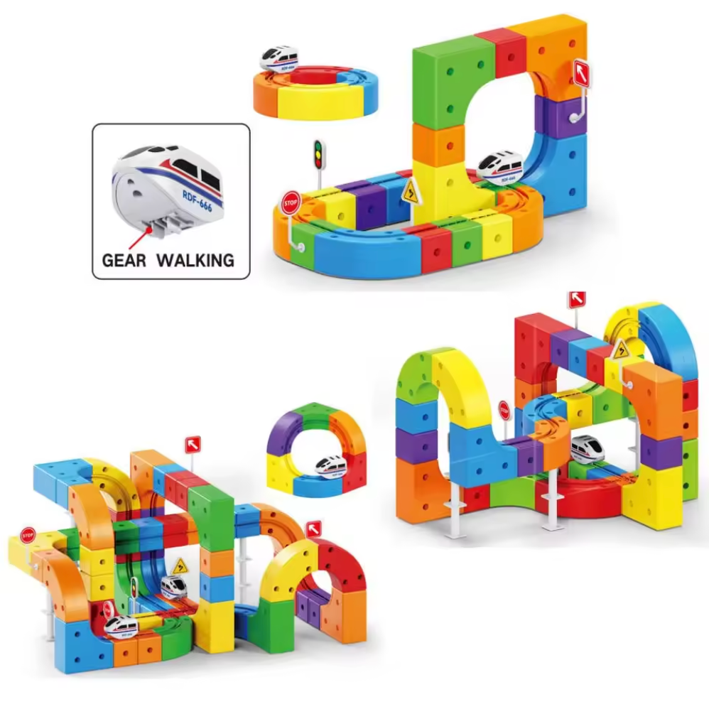 Magnetic cube track toy set with car showing front view of the assembled track