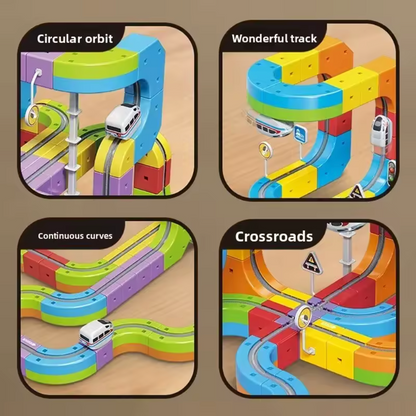 Magnetic cube track toy set with car in use on a colorful modular track