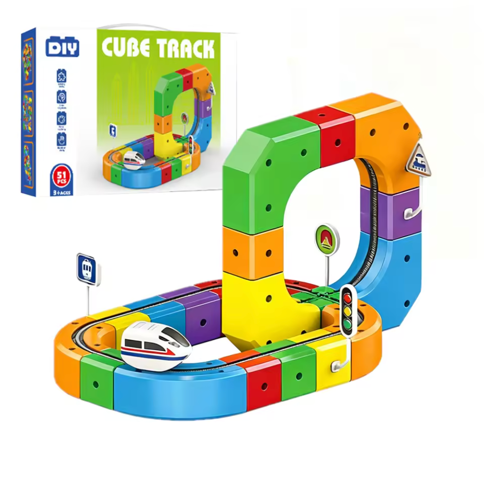 Magnetic cube track toy set with car displayed on a white background
